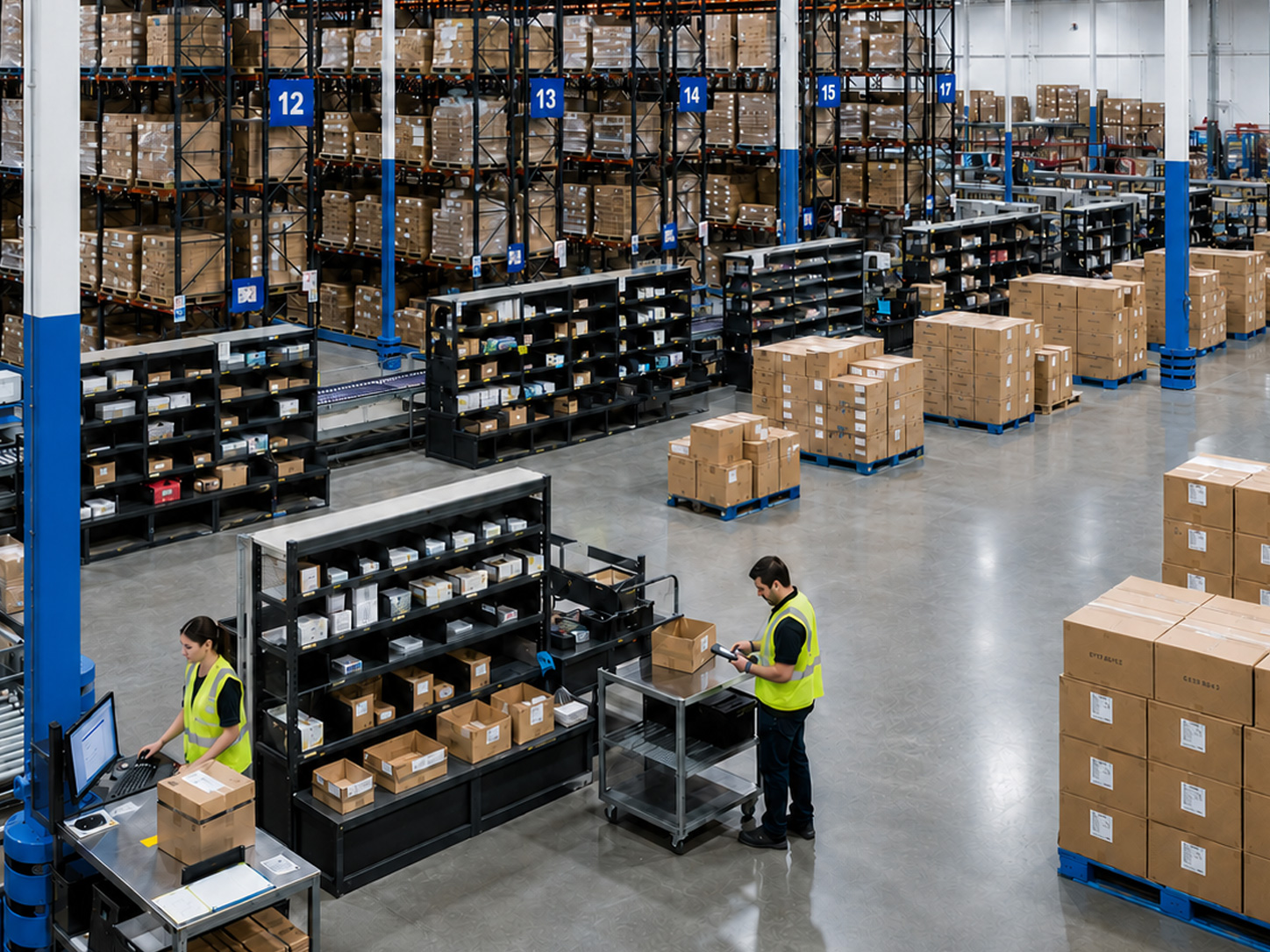 Interior del centro logístico Logistix: operarios preparando pedidos en estanterías numeradas con escáner y estación de packing