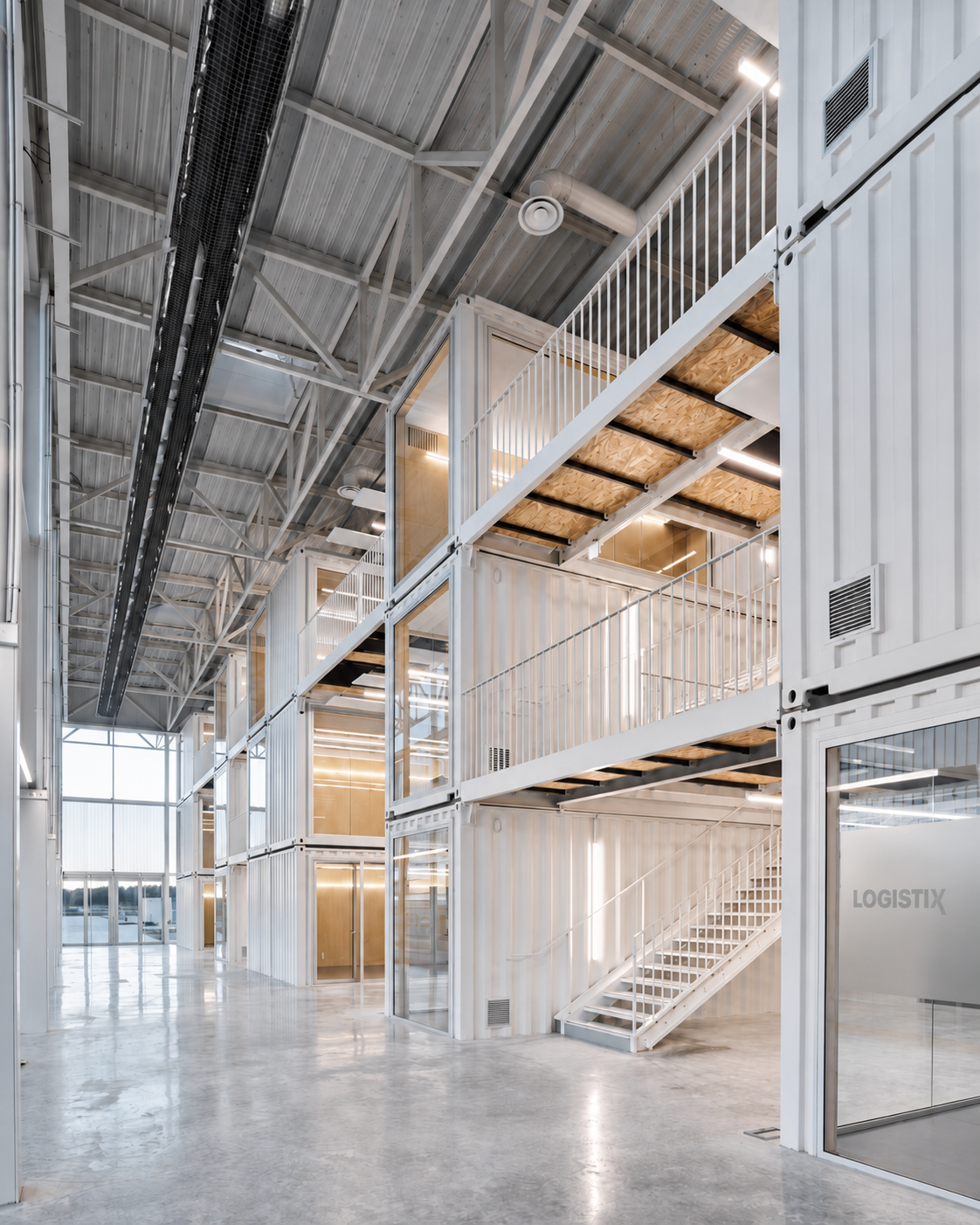 Interior de las oficinas Logistix: arquitectura industrial con containers apilados en dos plantas, escalera y logotipo Logistix en puerta de cristal